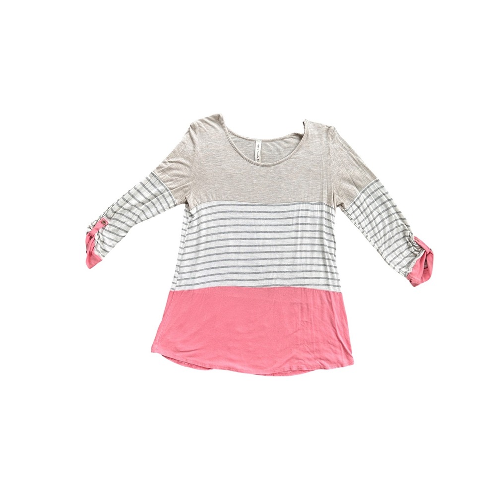Vanilla Bay Colorblock Tunic Women Medium Pink Oatmeal Striped Roll Tab Sleeve